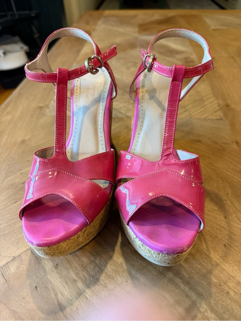 Donna Lei Capri Pink Patent T-Strap Cork Platform Sandals
